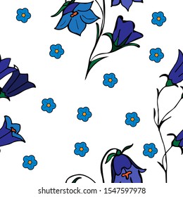 Seamless pattern of cute spring bluebells flowers. Soft color. Hand-drawn. Second illustration. Suitable for banner, postcard, design.