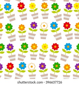 Seamless pattern Cute spring colorful flowers in pots, Isolated on white background. Vector 