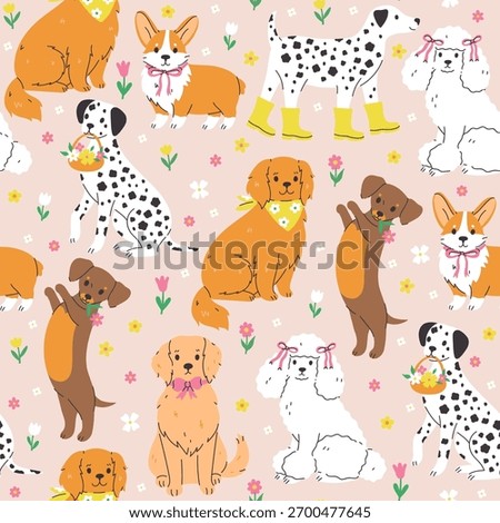 Seamless pattern with cute spring dogs and flowers. Vector graphics.