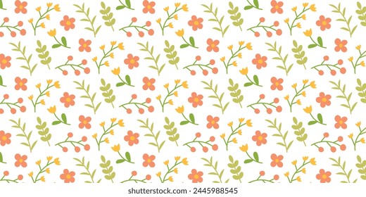 Seamless pattern with cute spring flowers, leaves and twigs in pastel colors. Floral spring background in a simple flat hand drawn style. 