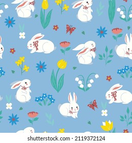 Seamless pattern with cute spring rabbits and flowers. Vector graphics.