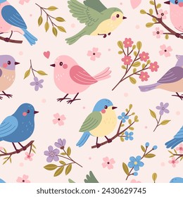 Seamless pattern of cute spring songbirds and flowers. Vector graphics.