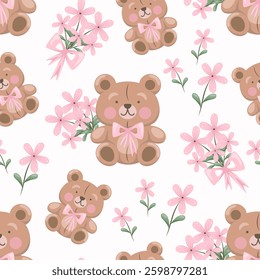 Seamless pattern with cute spring teddy bears and flowers.