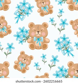 Seamless pattern with cute spring teddy bears and flowers.