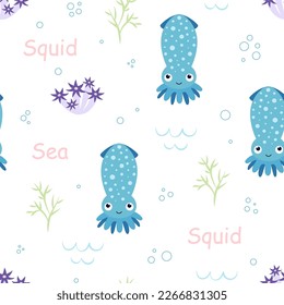 seamless pattern with cute squid, bubbles and seaweed, cartoon vector illustration, flat style