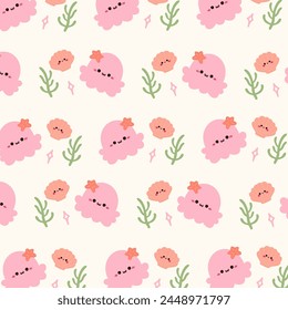 Seamless pattern with cute squid and shell.