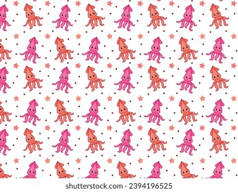 Seamless pattern Cute Squid Swimming, Marine life object vector cartoon doodle 3d illustration.