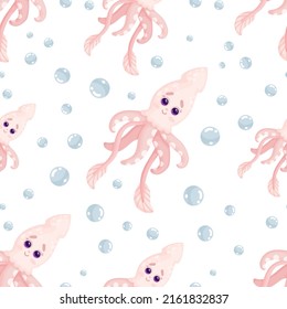 Seamless pattern with cute squids.Cartoon vector graphics.