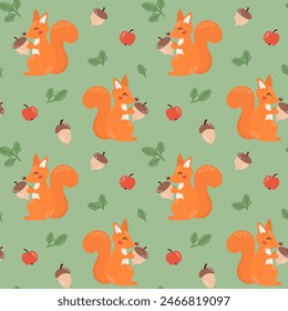 Seamless pattern with cute squirrel with acorn in cartoon flat style. Forest animal background for print, textile, wrapping paper, wallpaper, nursery. 