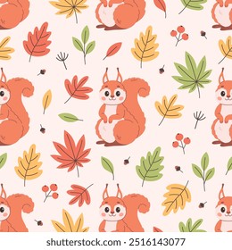 Seamless pattern with cute squirrel and autumn leaves. Flat, hand drawn texture for wallpaper, textile, fabric, paper. Vector illustration in flat style