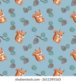 Seamless pattern with a cute squirrel and branches with pine nuts. Background with forest animals for printing, textiles, wrapping paper, wallpaper, children's room.