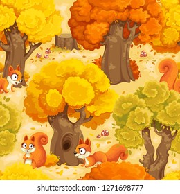 Seamless pattern with cute squirrel cartoon a autumn forest with fly agarics background