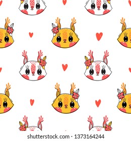 Seamless pattern with cute squirrel face with a barrettes flowers. Fashion kawaii animal background. Vector illustration.