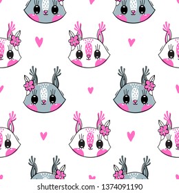 Seamless pattern with cute squirrel face with a barrettes flowers. Fashion kawaii animal background. Vector illustration.