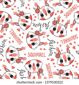Seamless pattern with cute squirrel face with a barrettes flowers. Fashion kawaii animal background. Vector illustration.