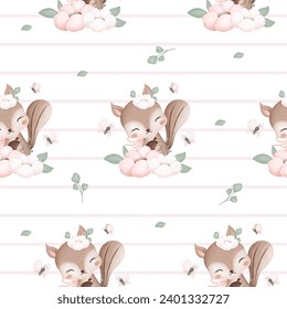 Seamless Pattern Cute Squirrel with Flower Leaves and Butterflies
