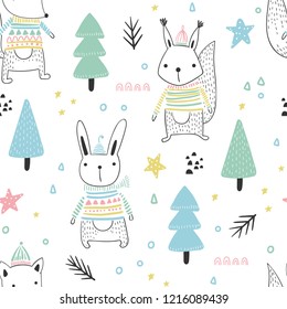 Seamless pattern with a cute squirrel, fox and hare in Scandinavian style. Vector funny illustration for children.