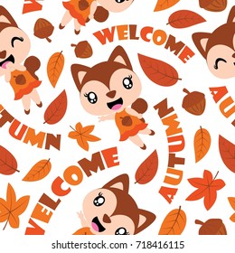 Seamless pattern of cute squirrel girls, and maple leaves vector cartoon illustration for Autumn wrapping paper, fabric clothes, and wallpaper