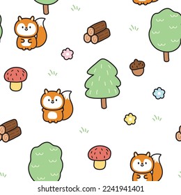 Seamless pattern of cute squirrel in jungle on white background.Nature concept.Wild animal.Mushroom,tree,flower,wood,acorn hand drawn.Kawaii.Vector.Illustration.