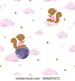 Seamless pattern, cute squirrel on the moon with stars, watercolor vector illustration, children artworks, wallpapers, paper, background designs.