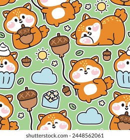 Seamless pattern of cute squirrel various poses sticker in acorn concept.Rodent animalcartoon design.Cupcake,fruit,flower,leaf,cloud,balloon,sun hand drawn.Spring.Nature.Kid graphic.Kawaii.Vector.