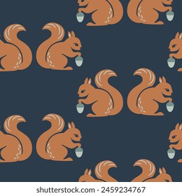 Seamless pattern with cute squirrels and acorns. Hand drawn childish dark blue and mustard background with forest animals. Endless baby texture for wallpaper, textile and prints.