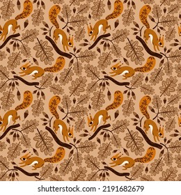 seamless pattern with cute squirrels in autumn oak forest