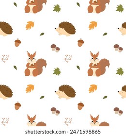 Seamless pattern with cute squirrels and hedgehogs in the forest. Children's print, animals with mushrooms, leaves, acorns.