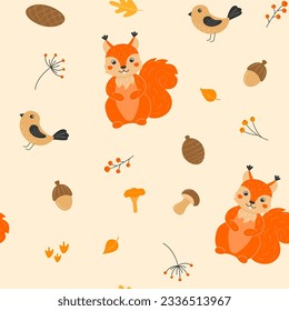 Seamless pattern with cute squirrels, mushrooms, cones, acorns, birds and autumn leaves in cartoon style. Animals in the forest. Vector illustration.