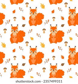 Seamless pattern with cute squirrels, mushrooms, leaves and twigs with berries in cartoon style. Animals and plants in the forest. Vector illustration.