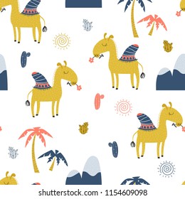 Seamless pattern with cute standing camel with flower, mountains and palm trees on a white background. Vector illustration.