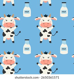 Seamless pattern with cute standing cow and milk can. Pattern for fabric, wrapping, textile, wallpaper, clothing. Vector illustration.