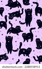 Seamless pattern with cute star cats. Vector graphics.