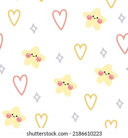 Seamless pattern of cute star and heart in pastel cartoon on white background.Hand drawn.Repeat.Kawaii.Vector.Illustration.