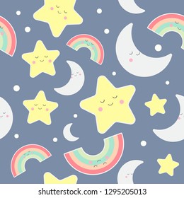 Seamless Pattern of cute star, moon,and rainbow on blue background, Vector Illustration