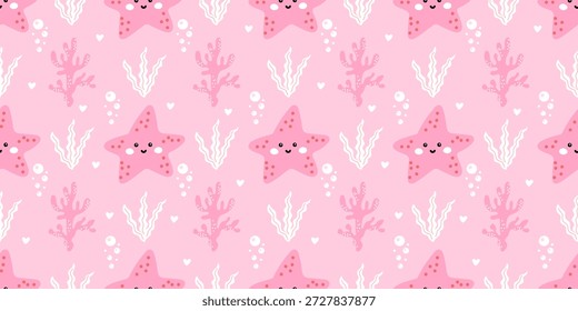 Patrón sin fisuras con lindas estrellas de mar y coral en una escena submarina pastel. Adorable diseño del Vector para los textiles del bebé, Fondo de pantalla del cuarto de niños, y ropa de los niños