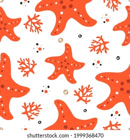 Seamless pattern with cute starfish and corals in the Scandinavian style