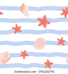 Seamless pattern with cute starfish and shells on blue waves. Vector cartoon illustration.
