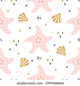 Seamless pattern with cute starfish and shells in pastel colors in Scandinavian style