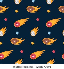 Seamless pattern with cute stars, comets, asteroids and meteorites on dark background.