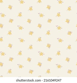 Seamless pattern with cute stars in flowers. Design for fabric, textile, wallpaper, packaging.