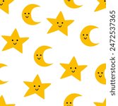 Seamless pattern with cute stars and moon. Vector flat background