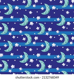 Seamless pattern with cute stars and moon on a blue striped background. Vector fairy tale illustration in a minimalistic flat style, hand drawn. Space Print for kids