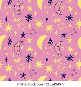 Seamless pattern with a cute stars, moon  on a pink background. For the design of wallpapers, textiles, wrapping paper, clothes, t-shirts, pillows, bags.
