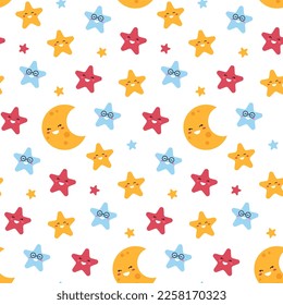 Patrón sin foco con estrellas lindas y luna sobre fondo blanco. 