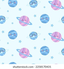 Seamless pattern with cute stars and planets on light background. 