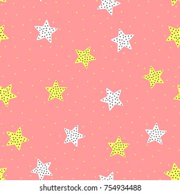 Seamless pattern with cute stars and round spots. Drawn by hand. Girly vector illustration.