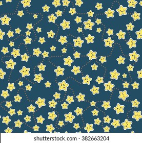 Seamless pattern with cute stars. Yellow stars. Blue bacground.  Night sky. The design  Concept of the print for children. Vector Illustration.
