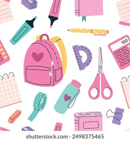 Patrón sin fisuras de lindos artículos de papelería y accesorios