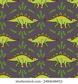 Seamless pattern Cute stegosaurus in Asian kawaii style. Dinosaur, prehistoric lizard, mascot. Cartoon character Funny vector illustration for for wallpaper, fabric, wrapping, background